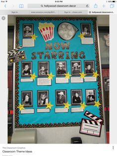 a bulletin board with pictures and movie stars on it that says show starting in front of them