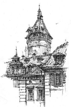 a black and white drawing of a building