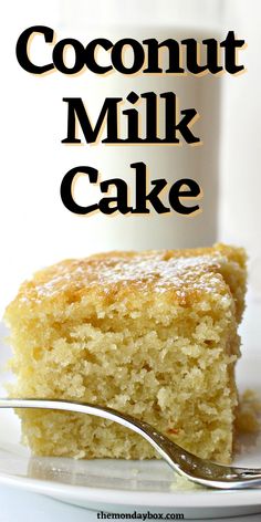 a piece of coconut milk cake on a plate with a fork