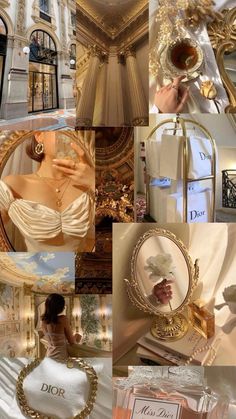 the collage shows many different things in gold and white