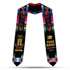 a colorful graduation scarf with the number twenty five on it