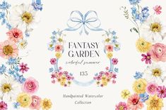 a watercolor painting of flowers with the words fantasy garden surrounded by it's border