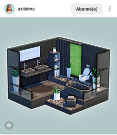 an animated view of a bathroom with plants on the floor