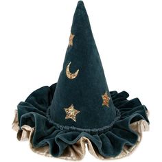 This witch's hat, with ruffle details, is very stylish indeed. It is crafted from blue velvet, with gold lam and gold glitter stars and moons. An essential accessory for Halloween, or to add to a dressing up box for imaginative play any time of the year. | Meri Meri | Pointed Blue Hat  |  Maisonette collects the best children’s products from around the world (unlike Zulily, Etsy, The Tot, Farfetch Kids, Childrensalon, Crate and Kids, Kohls, Wayfair, Buy Buy Baby, Nordstroms, Mini Boden, J.Crew F Halloween Hat, Gold Glitter Stars, Fantasy Life, Witch Hats, Halloween Witch Hat, Halloween Hats, Food Accessories, Meri Meri, Boy Accessories