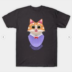 a black shirt with an orange and white cat wearing a purple bow tie, on top of