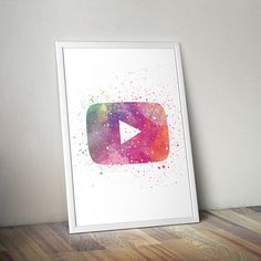 a watercolor painting of a play button on a wall next to a wooden floor