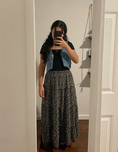 Skirt Outfits Boho, Mid Size Church Outfits, Modest Mormon Outfits, Styling Denim Vest Outfit Ideas, Skirt Vest Outfit, Long Skirt Vest Outfit, Fall Outfits 2024 Skirt, Long Skirt Outfits Church, Denim Vest Outfit Ideas