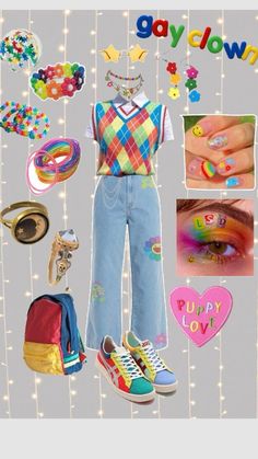 Core Aesthetic Outfits, Clowncore Kidcore, Clowncore Outfit, Outfits Colourful, Kid Core Outfits, Weirdcore Outfits, Kidcore Outfit, Kid Core Aesthetic, Scene Kandi