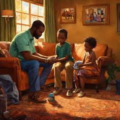 a painting of a man and two children sitting on a couch in a living room