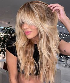 Image 1 of 1 Blonde Hair Styles With Bangs, Long Shag With Bangs, Long Layered Haircuts With Bangs, Shaggy Layers, Bang Hair, Modern Shag Haircut, Modern Shag, Layered Haircuts With Bangs, Layered Hair With Bangs