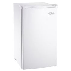 a white refrigerator freezer sitting on top of a white floor next to a wall