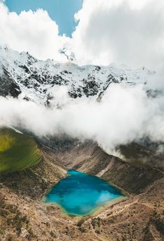 a blue lake surrounded by mountains and clouds