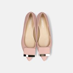 These simple pointed toe flats are accented with a large buckle on the toe, made from the same material as the shoe itself. An elegant pair of shoes that are perfect for work or formal occasions. Pink Pointed Toe Sandals With Buckle, Elegant Pink Flats With Leather Sole, Elegant Pink Pointed Toe Flats, Pink Slip-on Flats With Pointed Toe, Pink Slip-on Flats With Round Toe, Wooden Pattern, Buckled Flats, Foot Pain, Pointed Toe Flats