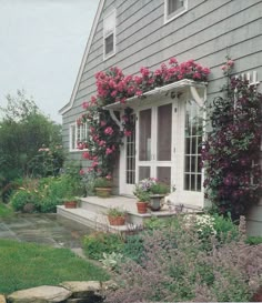 a house with flowers growing on the side of it's window sill and potted plants