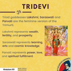 a poster with an image of two women and the words'tridevi goddesss lakshni, saraswat and parvati are the feminine version of the