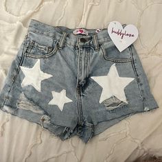 Never Worn Star Denim Shorts From Buddy Love! So Cute I Love It But I Don’t Know If I’ll Find A Place To Wear It High Rise Star Print Cotton Jeans, Trendy Bottoms With Star Patch For Spring, Trendy Denim Bottoms With Star Print, Summer Star Print Denim Jeans, Trendy Spring Bottoms With Star Patch, Trendy Denim Blue Star Print Bottoms, Medium Wash Cotton Bottoms With Star Print, Trendy Denim Blue Bottoms With Star Print, High Rise Denim Blue Bottoms With Star Print