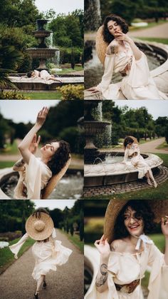 a woman in white dress and hat sitting on the ground next to a fountain with her hands up