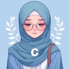 a woman wearing glasses and a blue scarf with the letter c on it's chest