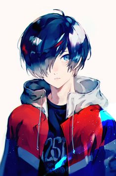 an anime character with blue eyes and black hair, wearing a red hoodie over his shoulders