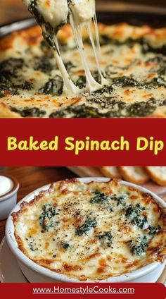 baked spinach dip recipe with cheese being lifted from the casserole in a white dish