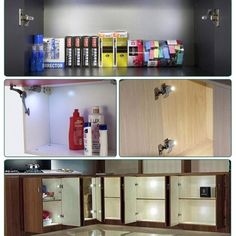 several different pictures of kitchen cupboards with various types of items on the top and bottom