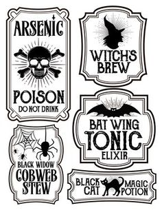 six halloween labels with bats, skulls and other things on them in black and white