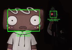 an animated image of a cartoon character in the dark with green and red light around it