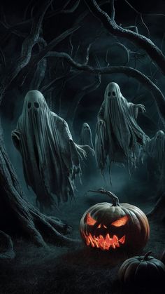 an image of halloween scene with pumpkins and ghost