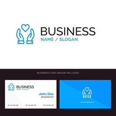 business card logo design with hands and heart on the top, in blue and white colors