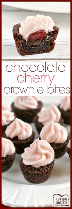 chocolate cherry brownie bites with white frosting on top and in the background, there is