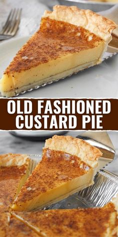 an old fashioned custard pie on a plate with the words, old fashioned custard pie