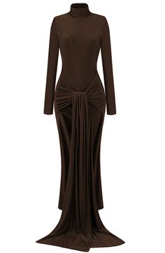 Long Sleeve Ruched Detail Maxi Dress Brown DESIGN: Color: Brown Turtle neck Long sleeves Ruched detail Mermaid design Concealed zipper at side Body sculpting design Stretch Type: Stretchy Gentle Dry Clean Only Length: Maxi MATERIAL: Polyester + Cotton + Spandex High elasticity for a better fit. Delicate sewing and hemming by durable needle lockstitch machine. YKK zipper (known as the most durable and reliable zippers manufactured today). To maintain the beauty of your garment, please follow the Trendy Elegant Dresses 2024, Long Sleeve Bandage Dress, Spring Wedding Guest Dress, Mermaid Design, Dress Weights, Brown Dresses, Classy Prom Dresses, Brown Design, Unique Dress