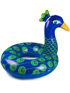 an inflatable swimming ring shaped like a peacock with blue feathers and green spots