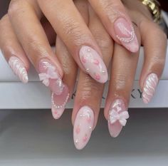 #coquette #nails #inspo #pink Coquette Nail Inspo Almond, Strawberry Coquette Nails, Almond Coquette Nails, Light Pink Aesthetic Nails, Couqutte Nails, Ballet Core Nails, Couqutte Aesthetic Nails, Balletcore Nails, Pink Girly Nails