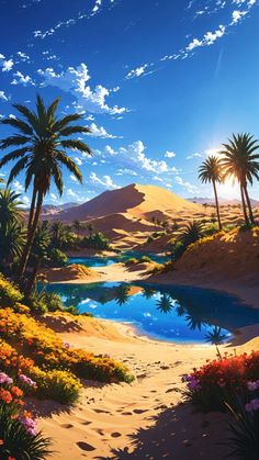 Desert Flowers Aesthetic, Desert Oasis Art, Anime Aesthetic Flowers, Desert Oasis Aesthetic, Fantasy Oasis, Background Studio Ghibli, Oasis Illustration, Anime Environment, Landscape Phone Wallpaper