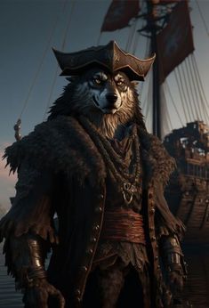 a wolf dressed as a pirate standing in front of a ship