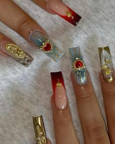 #trendy#trending#trend#gold#fyp#nails Black Red And Gold Nail Designs, Funky New Years Nails, Red And Gold New Years Nails, Gold And Red Acrylic Nails, High Fashion Nails, Red Maximalist Nails, Lottery Nails, Bayonetta Nails, Red And Silver Nails Acrylic