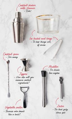 an image of kitchen utensils on a white counter top with text describing them