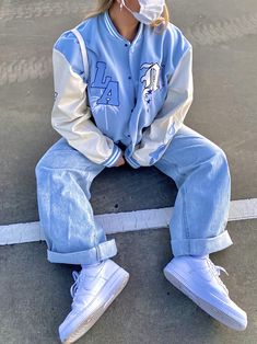 Blue Jacket Aesthetic, Parka Aesthetic, Varsity Outfit, Senior Jackets, Varsity Jacket Outfit, Blue Parka, Jacket Outfit Women, Board Inspiration, Mood Board Inspiration