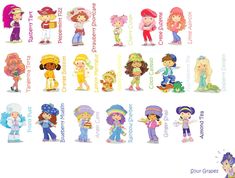 the cartoon characters are all dressed up in different outfits and hats, with their names on them