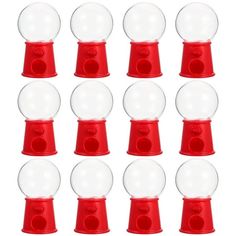 red and white snow globes are lined up in a row on a white background