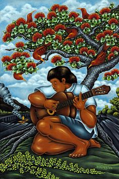 a painting of a man playing guitar under a tree