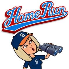 a cartoon girl holding a baseball bat and looking through a telescope with the word home run on it