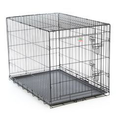 a large metal dog cage with one door open and the other side closed, on a white background