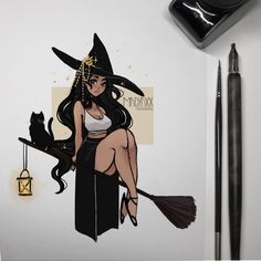 a drawing of a witch sitting on top of a table