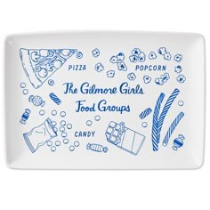 a white plate with blue lettering on it that says the glimmore girls food groups