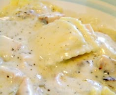 a plate with some ravioli and cheese sauce on it's side as seen from the top