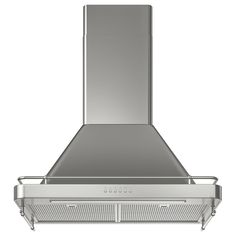 a stainless steel range hood with two exhaust fans on the top and bottom, in front of a white background