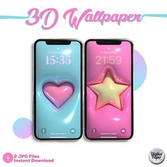 two iphones with hearts and stars on them, the text reads 30 wallpapers