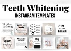 Instagram Templates made for you - to save you HOURS of time and FULLY editable to suit your needs! This black and white instagram templates theme are for small businesses who are after a clean, minimalistic look on their social media that fits with teeth whitening. Making your social media professional and aesthetic draws clients in and holds their interest!  Reach out to your audience with a mixture of engaging posts, educational posts, interactive posts and more.  These instagram story templa Teeth Whitening Business, Engaging Posts, Whitening Strips, White Instagram, Whitening Teeth, Black And White Instagram, Business Branding Inspiration, Teeth Whitening Gel, Perfect Teeth